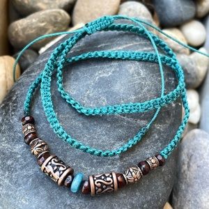 😵 Surfer necklace choker unisex Teal blue green mahogany wood beads bronze